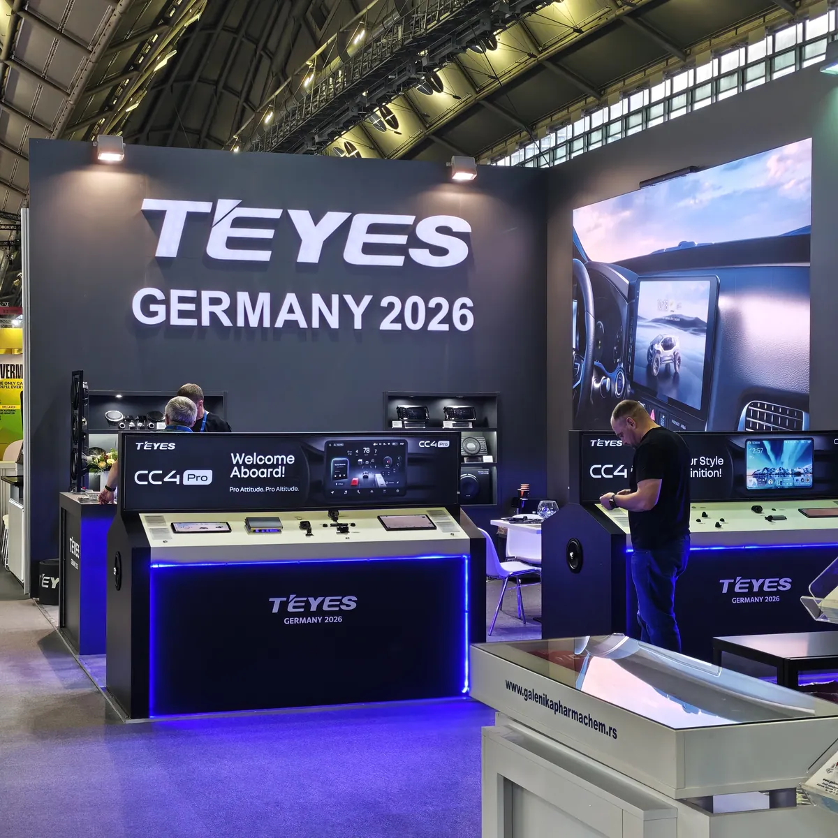 TEYES CC4 Pro island at Automechanika Frankfurt 2026 — Welcome Aboard display, TEYES Germany 2026 branding and a visitor exploring the lineup