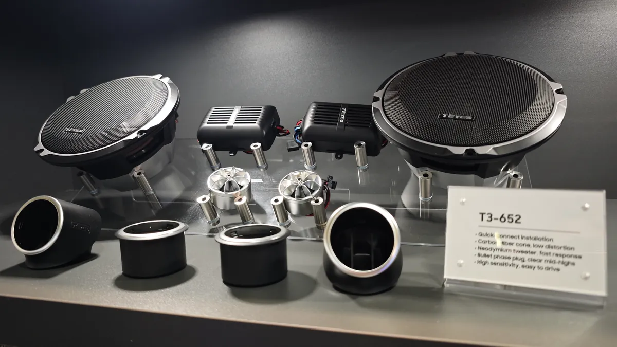 TEYES T3-652 component speaker set on display at Automechanika Frankfurt 2026 — woofers, crossovers and tweeters