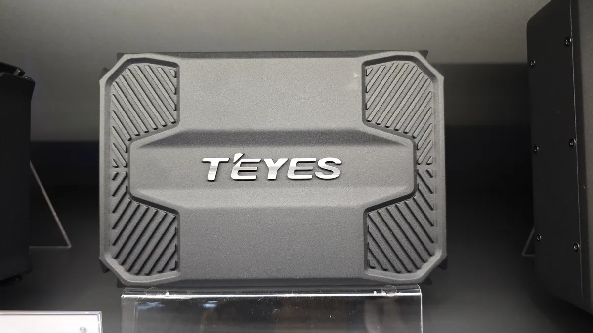 TEYES TD series Class D car amplifier with die-cast aluminum heat sink chassis at Automechanika Frankfurt 2026