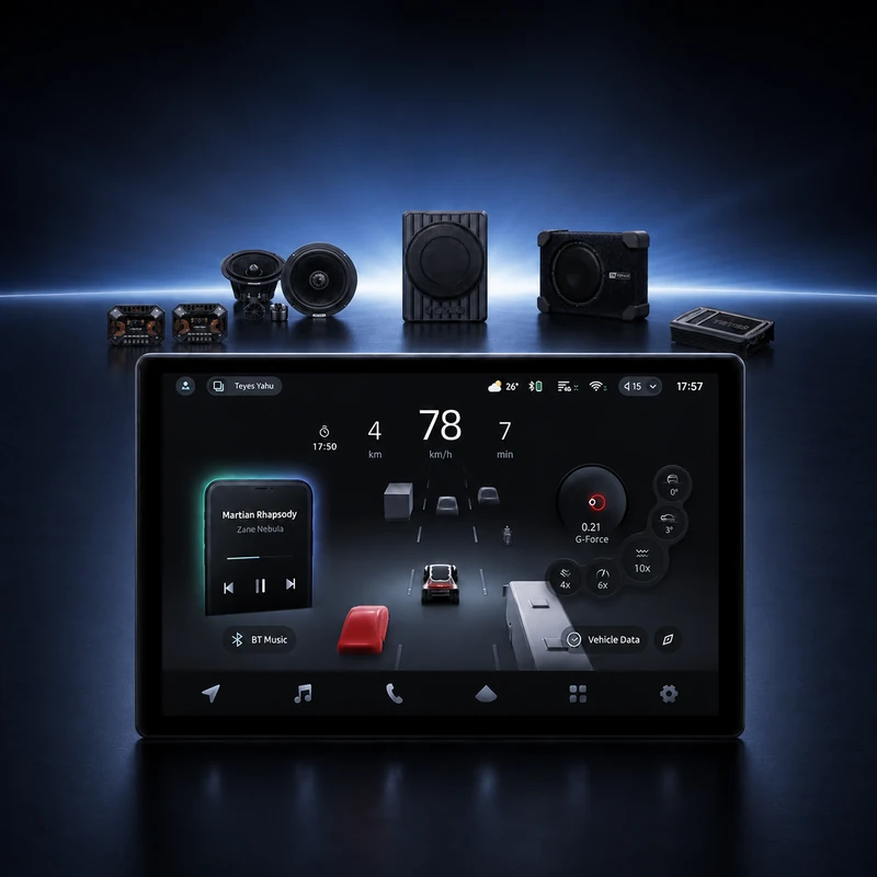 TEYES CC4 Pro smart head unit with speakers, subwoofer and amplifier